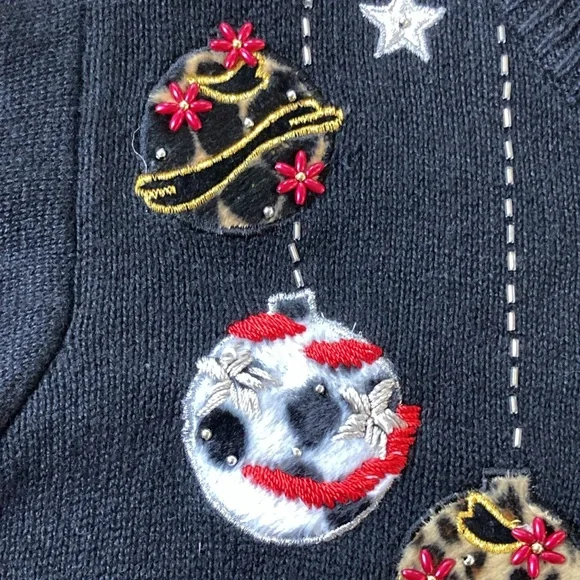 Victoria Jones Black Embroidered Christmas Holiday Cardigan Leopard Print Medium - Picture 7 of 15